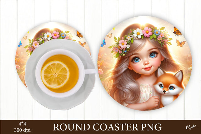Baby Girl with Foxy PNG. Round Coaster Sublimation Sublimation Olga Terlyanskaya 