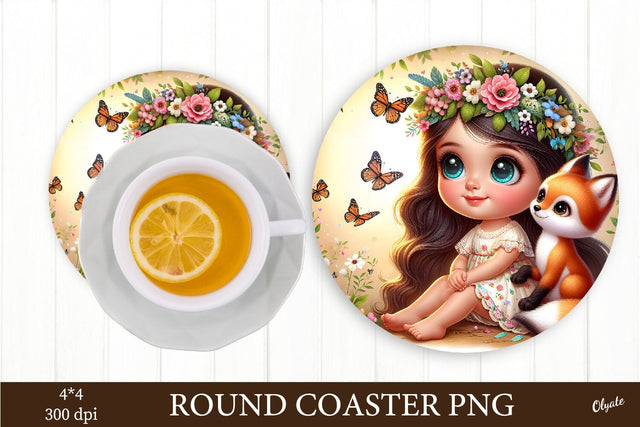 Baby Girl with Foxy PNG. Round Coaster Sublimation Sublimation Olga Terlyanskaya 