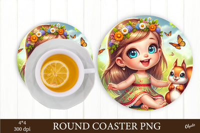 Baby Girl with Little Squirrel PNG. Round Coaster Sublimation Sublimation Olga Terlyanskaya 