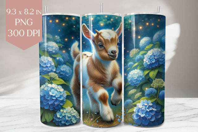 Baby Goat with Blue Hydrangeas Tumbler Wrap Sublimation BijouBay 