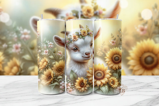 Baby Goat with Floral Crown and Sunflowers Tumbler Wrap Sublimation BijouBay 