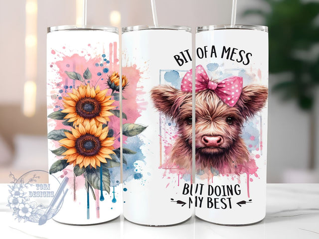Baby Highland Cow 20oz Skinny Tumbler, Bit Of A Mess But Doin My Best Tumbler Png, Straight & Tapered Tumbler Wrap, Instant Digital Download Sublimation ToriDesigns 