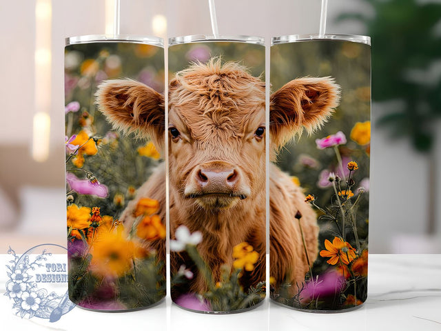 Baby Highland Cow 20oz Tumbler, Wildflower Cow Wrap, 20oz Sublimation Wrap, Cute Farm Animal Cup, Rustic Floral Design, Boho Country Tumbler, Pastel Cow Art Sublimation ToriDesigns 