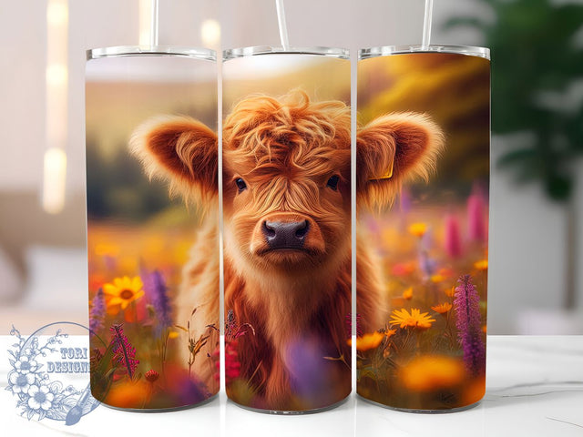 Baby Highland Cow 20oz Tumbler, Wildflower Cow Wrap, 20oz Sublimation Wrap, Cute Farm Animal Cup, Rustic Floral Design, Boho Country Tumbler, Pastel Cow Art Sublimation ToriDesigns 