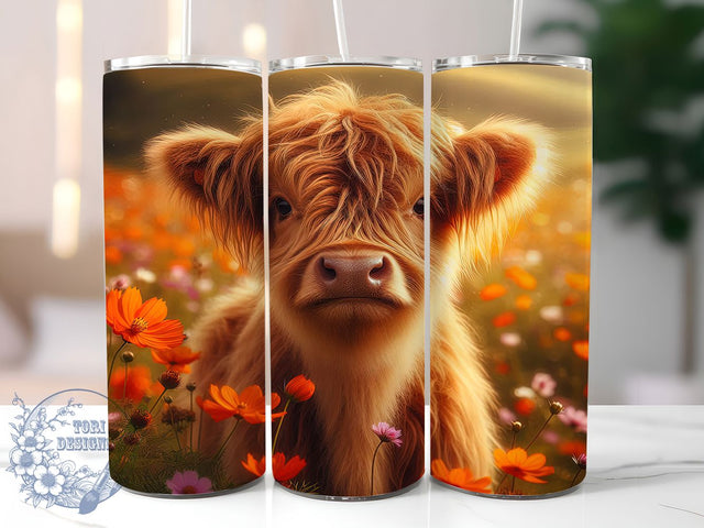 Baby Highland Cow 20oz Tumbler, Wildflower Cow Wrap, 20oz Sublimation Wrap, Cute Farm Animal Cup, Rustic Floral Design, Boho Country Tumbler, Pastel Cow Art Sublimation ToriDesigns 