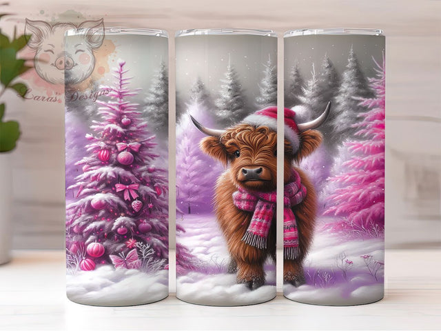 Baby Highland Cow Christmas Tumbler, Pink Christmas Wrap, 20oz Tumbler Sublimation, Cute Holiday Cow Design, Pastel Winter Tumbler, Festive Farm Animal Sublimation, Whimsical Christmas Wrap Sublimation Lara' s Designs 
