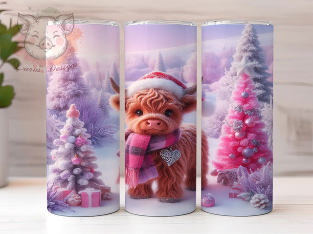 Baby Highland Cow Christmas Tumbler, Pink Christmas Wrap, 20oz Tumbler Sublimation, Cute Holiday Cow Design, Pastel Winter Tumbler, Festive Farm Animal Sublimation, Whimsical Christmas Wrap Sublimation Lara' s Designs 