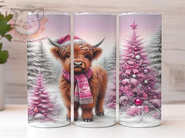 Baby Highland Cow Christmas Tumbler, Pink Christmas Wrap, 20oz Tumbler Sublimation, Cute Holiday Cow Design, Pastel Winter Tumbler, Festive Farm Animal Sublimation, Whimsical Christmas Wrap Sublimation Lara' s Designs 
