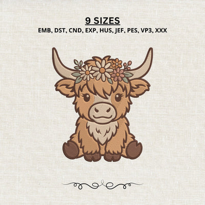 Baby Highland Cow Embroidery Design – Cute Floral Crown Highland Cow Machine Embroidery File, Farm Animal Design Embroidery/Applique DESIGNS PatternFeed8 