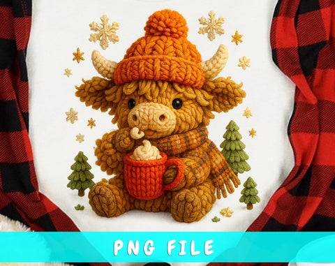 Baby Highland Cow Faux Yarn PNG | Crochet Animal Clipart | Cozy Winter Highland Cow with Hot Cocoa | Christmas Crochet Aesthetic PNG SVG HappyDesignStudio 