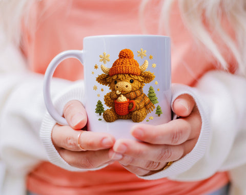 Baby Highland Cow Faux Yarn PNG | Crochet Animal Clipart | Cozy Winter Highland Cow with Hot Cocoa | Christmas Crochet Aesthetic PNG SVG HappyDesignStudio 