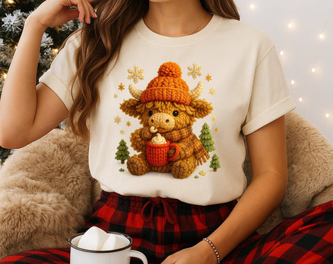 Baby Highland Cow Faux Yarn PNG | Crochet Animal Clipart | Cozy Winter Highland Cow with Hot Cocoa | Christmas Crochet Aesthetic PNG SVG HappyDesignStudio 