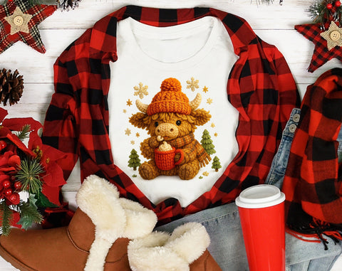 Baby Highland Cow Faux Yarn PNG | Crochet Animal Clipart | Cozy Winter Highland Cow with Hot Cocoa | Christmas Crochet Aesthetic PNG SVG HappyDesignStudio 