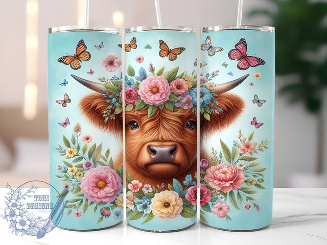 Baby Highland Cow Floral 20oz Skinny Tumbler, Butterfly Flower Animal Tumbler Png, Straight & Tapered Tumbler Wrap, Instant Digital Download Sublimation ToriDesigns 