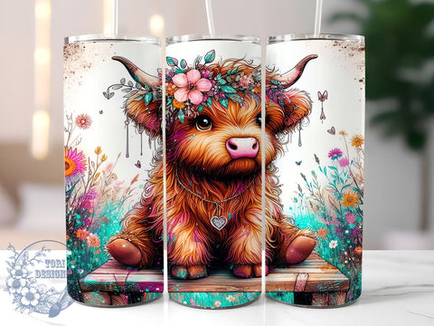 Baby Highland Cow Floral 20oz Skinny Tumbler PNG, Highland Cow Tumbler Sublimation Wrap, Straight & Tapered Tumbler Wrap, Instant Digital Download Sublimation ToriDesigns 