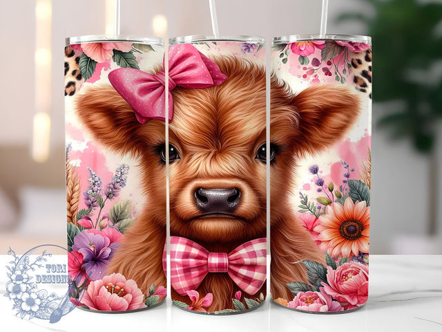 Baby Highland Cow Floral 20oz Skinny Tumbler PNG, Highland Cow Tumbler Sublimation Wrap, Straight & Tapered Tumbler Wrap, Instant Digital Download Sublimation ToriDesigns 