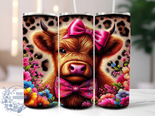 Baby Highland Cow Floral 20oz Skinny Tumbler PNG, Highland Cow Tumbler Sublimation Wrap, Straight & Tapered Tumbler Wrap, Instant Digital Download Sublimation ToriDesigns 