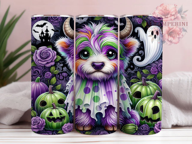 Baby Highland Cow Halloween Tumbler Wrap, Halloween Cow Mug, Bat and Roses Art, 20Oz Tumbler Wrap, Sublimation Design, Cute Farm Animal Drinkware, Spooky Floral Print Sublimation Li Zamperini 