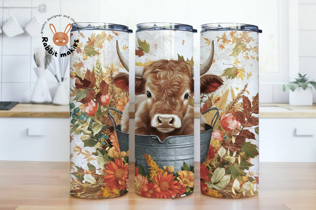 Baby Highland Cow In a Buckert With Orage Flowers and Sunflowers 20 oz Tumbler Wrap for Straight Tapered Tumbler PNG File Digital Download Sublimation Rabbitmakies 