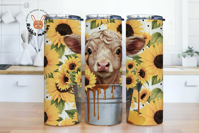 Baby Highland Cow in a Bucket Tumbler Wrap Highland Cow Sunflowers 20 oz Skinny Tumbler Sublimation Sublimation Rabbitmakies 