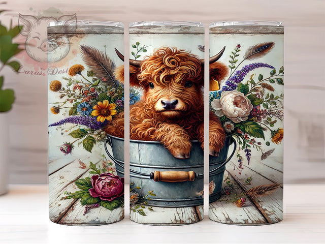 Baby Highland Cow in Bucket Cute Farm Animal Tumbler Wrap, 20oz Tumbler Wrap, Cute Cow Drinkware, Farm Animal Tumbler, Highland Cow Gifts, Animal Lover Sublimation Sublimation Lara' s Designs 