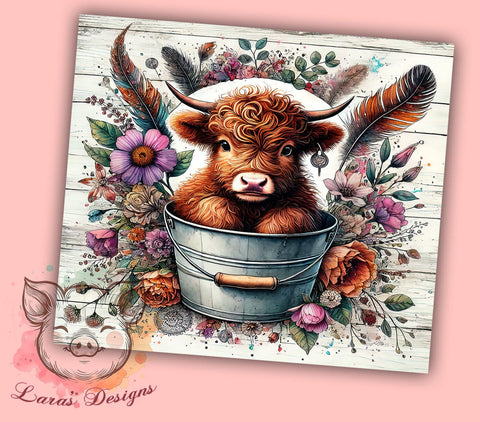 Baby Highland Cow in Bucket Cute Farm Animal Tumbler Wrap, 20oz Tumbler Wrap, Cute Cow Drinkware, Farm Animal Tumbler, Highland Cow Gifts, Animal Lover Sublimation Sublimation Lara' s Designs 