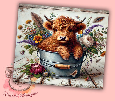 Baby Highland Cow in Bucket Cute Farm Animal Tumbler Wrap, 20oz Tumbler Wrap, Cute Cow Drinkware, Farm Animal Tumbler, Highland Cow Gifts, Animal Lover Sublimation Sublimation Lara' s Designs 