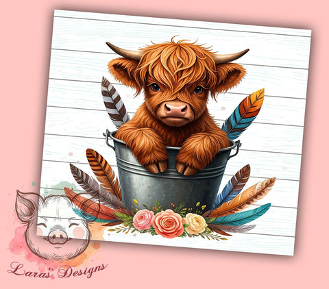 Baby Highland Cow in Bucket Cute Farm Animal Tumbler Wrap, 20oz Tumbler Wrap, Cute Cow Drinkware, Farm Animal Tumbler, Highland Cow Gifts, Animal Lover Sublimation Sublimation Lara' s Designs 