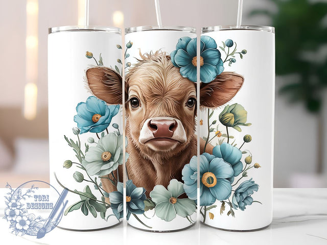 Baby Highland Cow Spring Flowers 20oz Skinny Tumbler PNG, Highland Cow Tumbler Sublimation Wrap, Straight & Tapered Tumbler Wrap, Instant Digital Download Sublimation ToriDesigns 