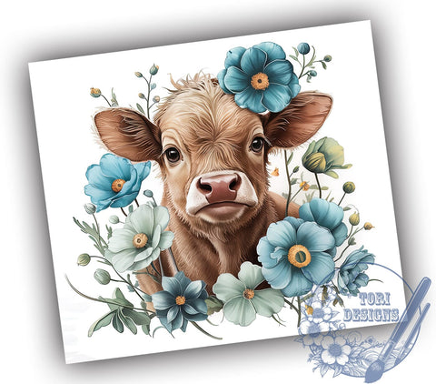 Baby Highland Cow Spring Flowers 20oz Skinny Tumbler PNG, Highland Cow Tumbler Sublimation Wrap, Straight & Tapered Tumbler Wrap, Instant Digital Download Sublimation ToriDesigns 