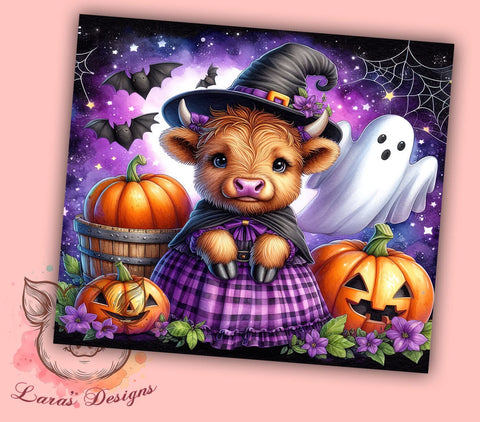 Baby Highland Cow Witch Halloween 20 oz Skinny Tumbler Sublimation Design, Straight & Tapered Tumbler Png, Halloween Highland Cow Tumbler Png, Digital Download PNG Sublimation Lara' s Designs 