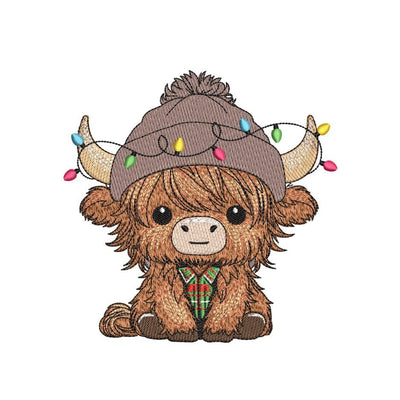 Baby Highland Cow with Christmas Lights Embroidery Design, Merry Christmas Embroidery File, 3 Sizes, Instant Download Embroidery/Applique DESIGNS Nino Nadaraia 