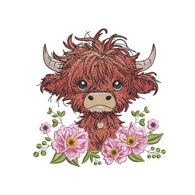 Baby Highland Cow with Flowers Embroidery Design, Farm Animal Embroidery File, 3 Sizes, Instant Download Embroidery/Applique DESIGNS Nino Nadaraia 