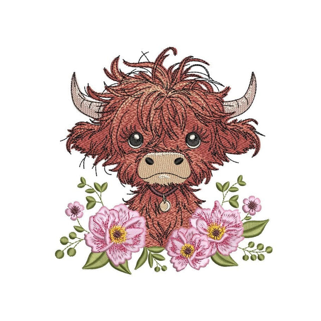 Baby Highland Cow with Flowers Embroidery Design, Farm Animal Embroidery File, 3 Sizes, Instant Download Embroidery/Applique DESIGNS Nino Nadaraia 