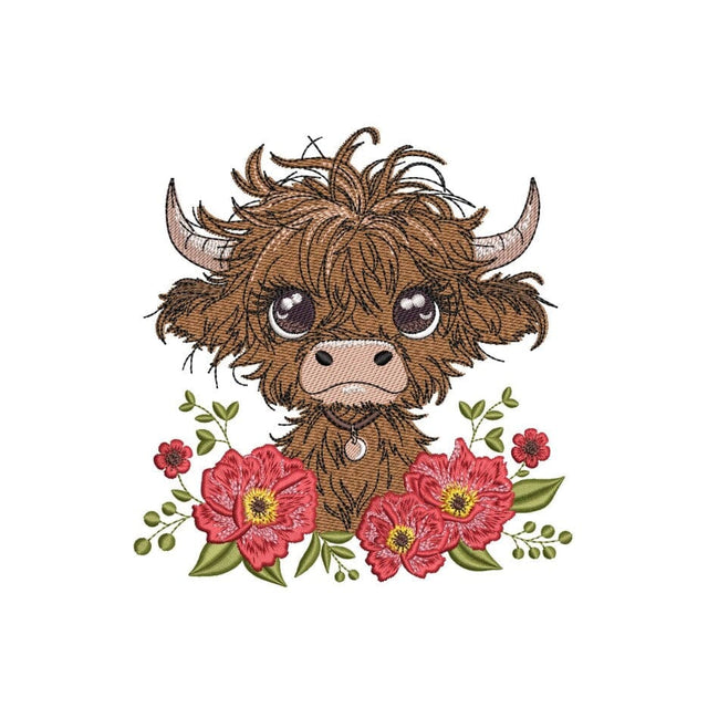 Baby Highland Cow with Flowers Embroidery Design, Farm Animal Embroidery File, 3 Sizes, Instant Download Embroidery/Applique DESIGNS Nino Nadaraia 