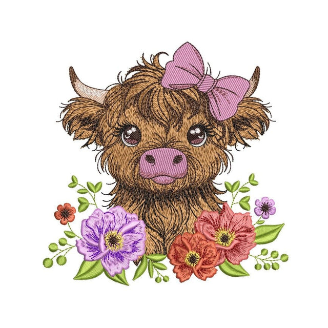 Baby Highland Cow with Flowers Embroidery Design, Farm Animal Embroidery File, 3 Sizes, Instant Download Embroidery/Applique DESIGNS Nino Nadaraia 