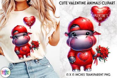 Baby Hippo with Red Roses and Balloon, Valentine Clipart Sublimation Designs by Ira 