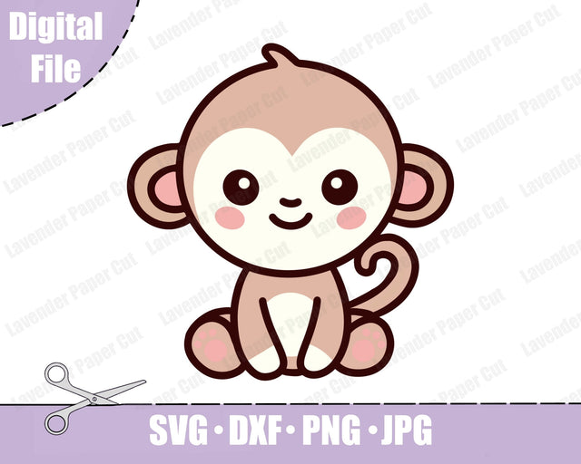 Baby Monkey SVG PNG, Cute Monkey Clipart Cut File for Cricut and Silhouette, Jungle Animal Theme, Kids Craft, DIY Baby Shower Decoration SVG Lavender Paper Cut 
