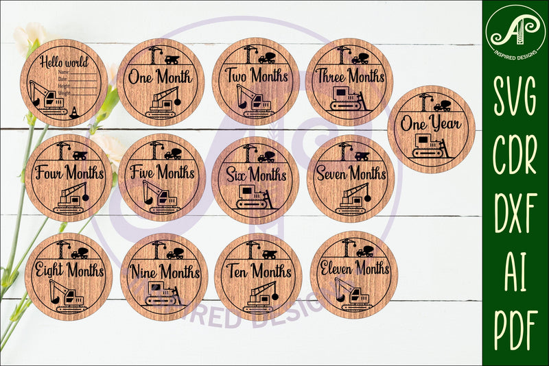 Baby monthly milestone discs SVG construction digger theme SVG APInspireddesigns 