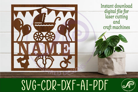 Baby name sign Pram laser cut design or card SVG APInspireddesigns 