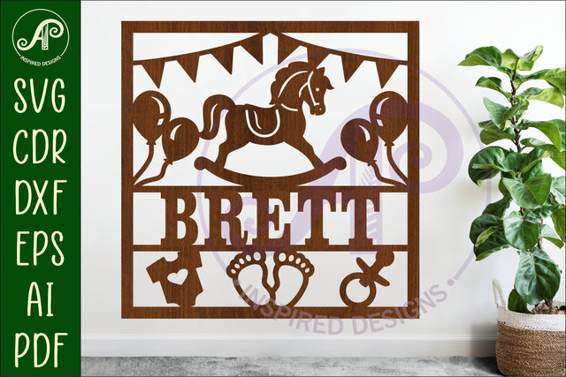 Baby name sign Rocking Horse laser cut design or card SVG APInspireddesigns 