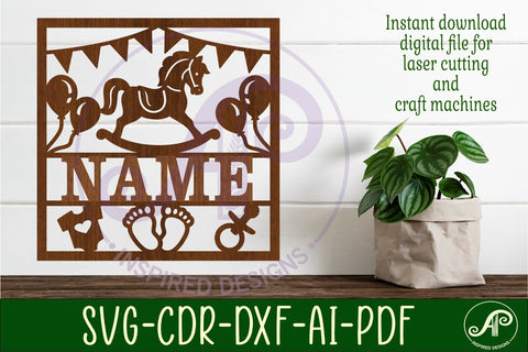 Baby name sign Rocking Horse laser cut design or card SVG APInspireddesigns 