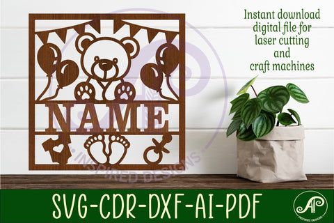 Baby name sign Teddy bear laser cut design or card SVG APInspireddesigns 