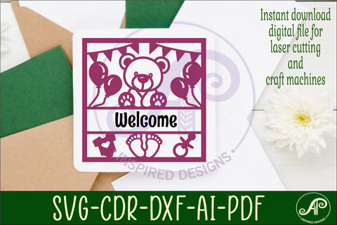 Baby name sign Teddy bear laser cut design or card SVG APInspireddesigns 