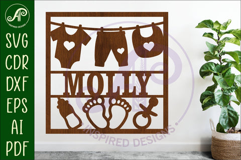 Baby name sign Washing line laser cut design or card SVG APInspireddesigns 