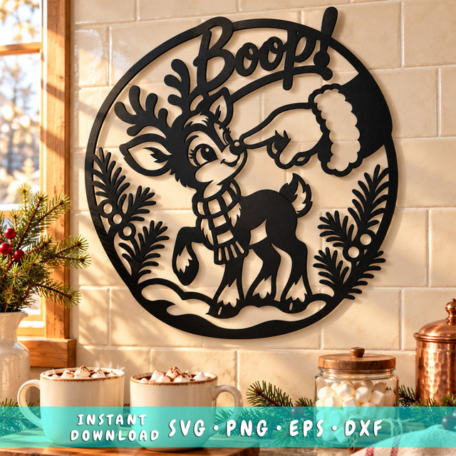 Baby Reindeer Boop Laser SVG | Christmas Metal Wall Art | Cute Santa Reindeer DXF | Holiday Plasma Cutting File SVG HappyDesignStudio 