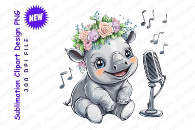 Baby Rhino Singer With Flowers Clipart Png Sublimation Regulrcrative 
