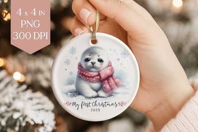 Baby Seal My First Christmas 2025 Ornament PNG Sublimation BijouBay 