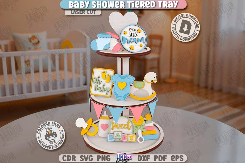 Baby Shower Tiered Tray Laser Cut | Round Stand with Elements | New Born SVG | Baby Boy | Baby Girl | Dessert Tiered Tray | CNC File SVG The T Store Design 