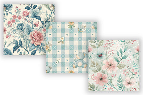Baby Shower Toile Digital Paper Pack, Vintage Floral Toile, Gingham & Stripe Seamless Patterns, Scrapbooking & Printable Crafts Digital Pattern FloridPrintables 